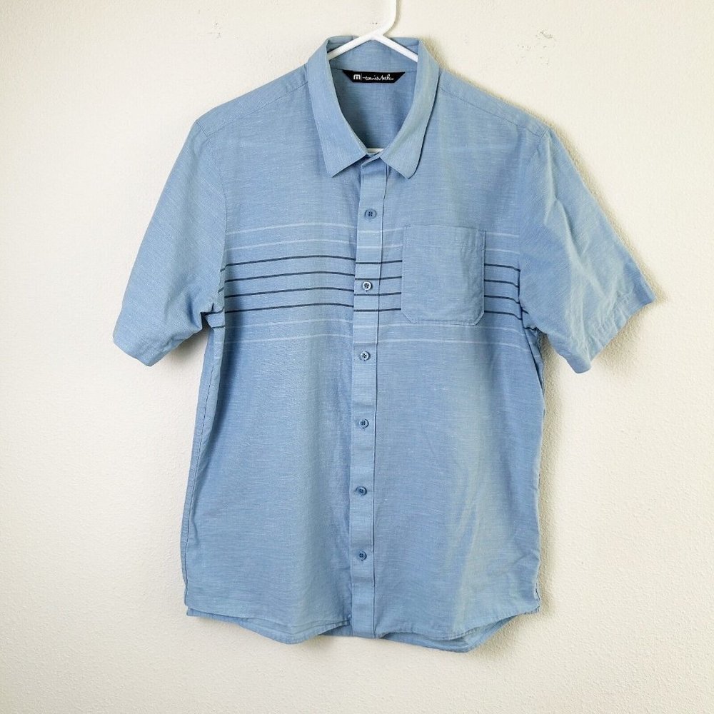 Travis‎ Mathew Shirt Mens Size M Blue Striped Pocket Short Sleeve Button Up